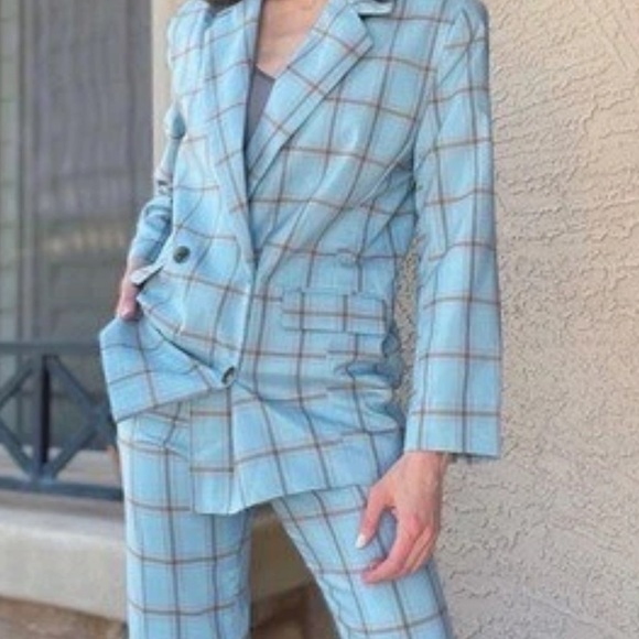 Asos Oversized Blazer US4 Sky Blue Plaid Double Breasted With Shoulder Pads NEW! - Picture 3 of 10